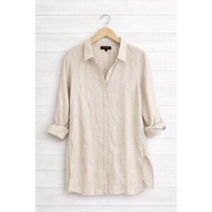Tahari Blouse S Top Linen Collared Side Slit Roll Tab Sleeve Button-Up Tan Khaki